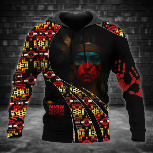 Tribal Feather Hoodie – Bold Red & Geometric Patterns & MMIW