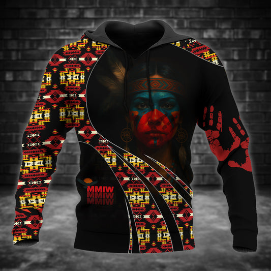 Tribal Feather Hoodie – Bold Red & Geometric Patterns & MMIW