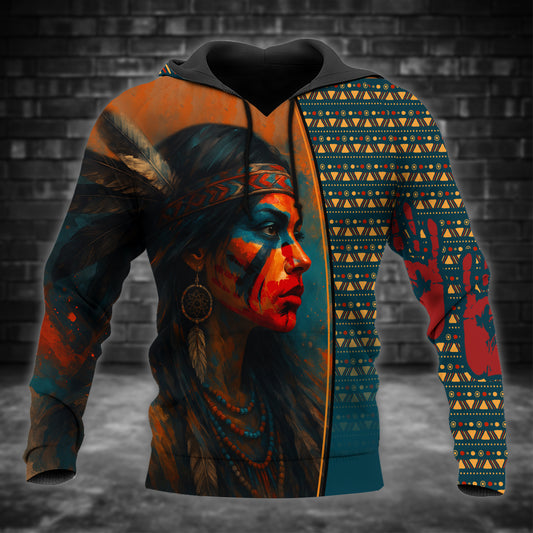Tribal Feather Hoodie – Bold Red & Geometric Patterns & MMIW