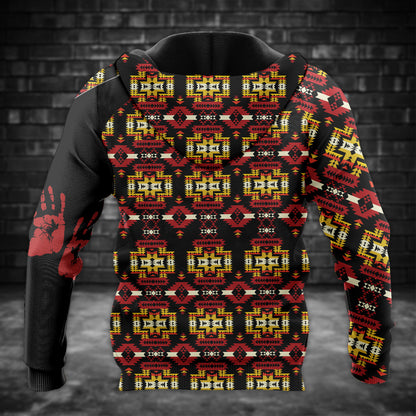 Tribal Feather Hoodie – Bold Red & Geometric Patterns & MMIW