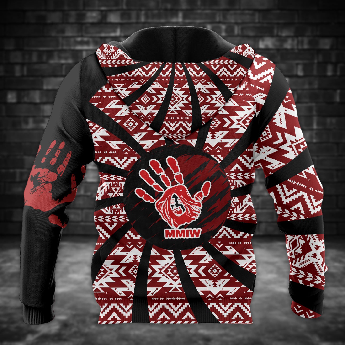 Tribal Feather Hoodie – Bold Red & Geometric Patterns & MMIW