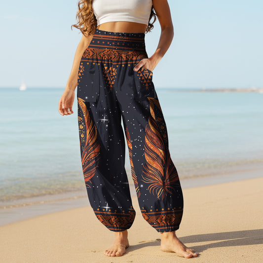 Feather Print Harem Pants - Yoga Boho Clothes with Pockets