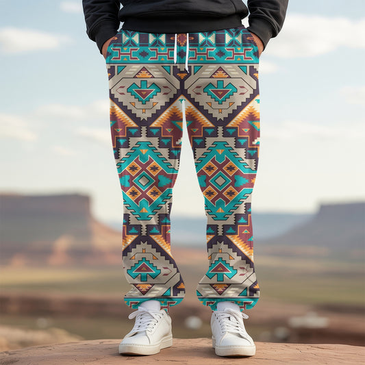 Bold Tribal-Inspired Joggers with Earth-Tone Geometric Patterns